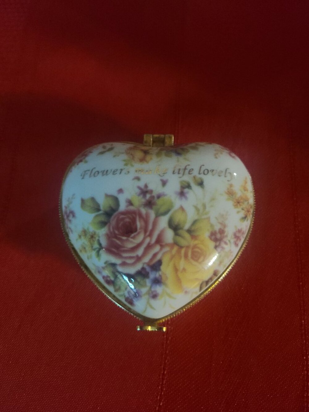 Elegant Hinged Heart-Shaped Trinket Box Flowers Make Life Lovely Bless You